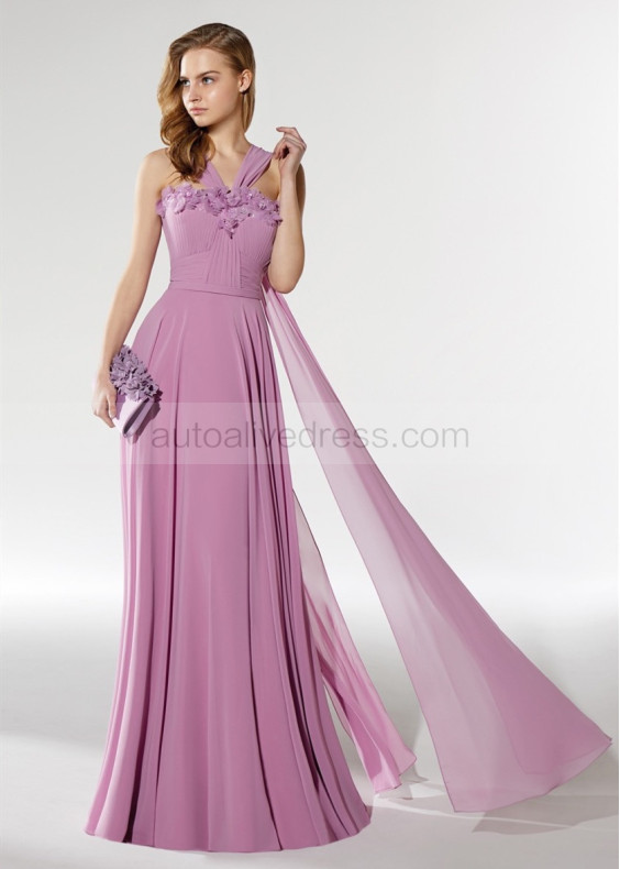 Beaded Pleated Purple Chiffon Evening Dress