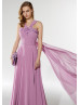 Beaded Pleated Purple Chiffon Evening Dress