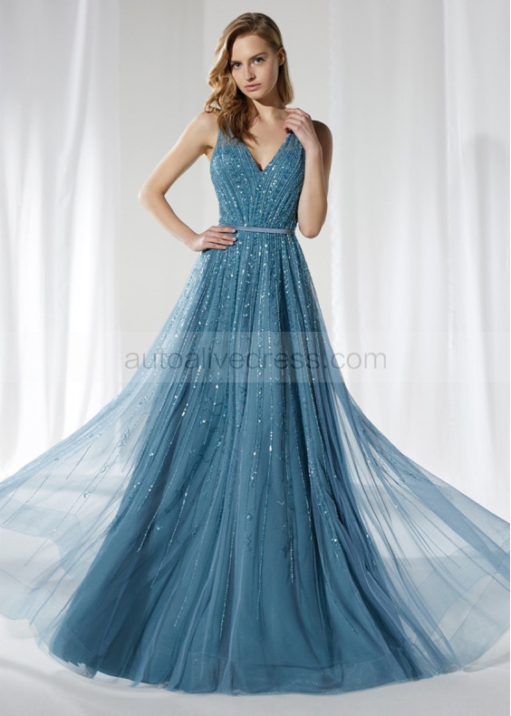 V Neck Beaded Peacock Blue Tulle Evening Dress