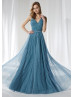 V Neck Beaded Peacock Blue Tulle Evening Dress