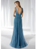 V Neck Beaded Peacock Blue Tulle Evening Dress