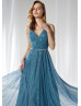 V Neck Beaded Peacock Blue Tulle Evening Dress V Neck Beaded Peacock Blue Tulle Evening Dress