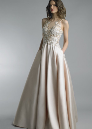 Beaded Champagne Lace Satin V Back Evening Dress