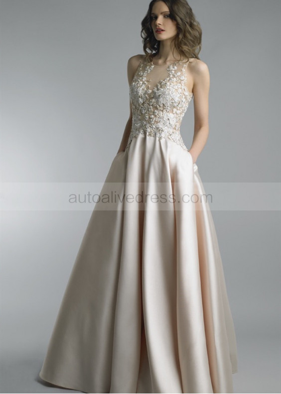 Beaded Champagne Lace Satin V Back Evening Dress