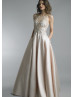 Beaded Champagne Lace Satin V Back Evening Dress