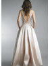 Beaded Champagne Lace Satin V Back Evening Dress