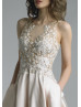 Beaded Champagne Lace Satin V Back Evening Dress