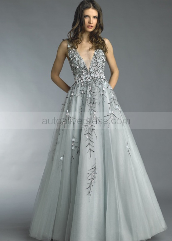 V Neck Slate Grey Tulle Floral Appliques Romantic Evening Dress