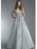 V Neck Slate Grey Tulle Floral Appliques Romantic Evening Dress