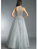 V Neck Slate Grey Tulle Floral Appliques Romantic Evening Dress