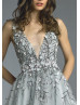V Neck Slate Grey Tulle Floral Appliques Romantic Evening Dress