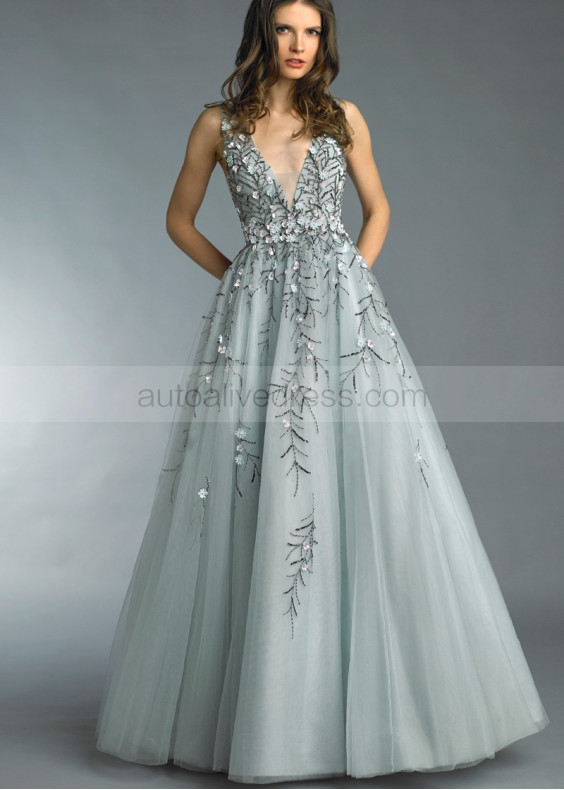 V Neck Slate Grey Tulle Floral Appliques Romantic Evening Dress