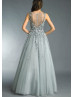 V Neck Slate Grey Tulle Floral Appliques Romantic Evening Dress