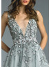 V Neck Slate Grey Tulle Floral Appliques Romantic Evening Dress