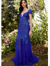 Cap Sleeves Royal Blue Sequined Tulle Evening Dress