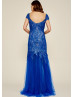 Cap Sleeves Royal Blue Sequined Tulle Evening Dress