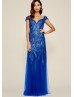 Cap Sleeves Royal Blue Sequined Tulle Evening Dress