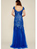 Cap Sleeves Royal Blue Sequined Tulle Evening Dress