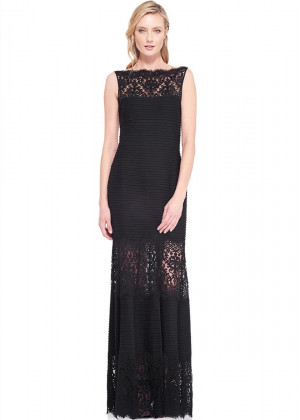 Boat Neck Black Lace Jersey Evening Dress