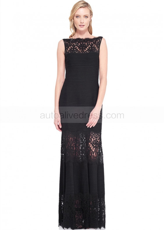 Boat Neck Black Lace Jersey Evening Dress