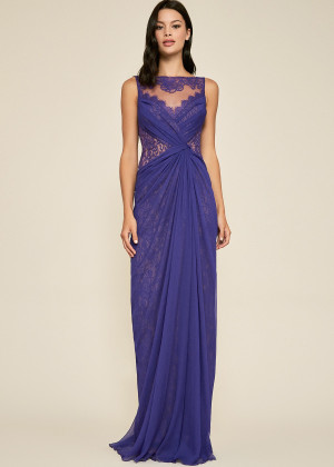 Illusion Neck Draped Violet Lace Chiffon Evening Dress