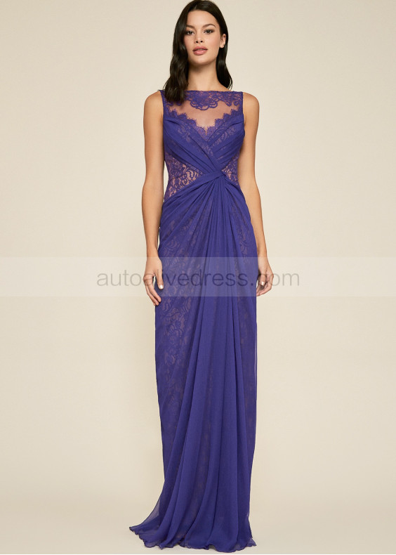 Illusion Neck Draped Violet Lace Chiffon Evening Dress