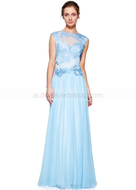 Illusion Neck Blue Lace Chiffon Keyhole Back Evening Dress