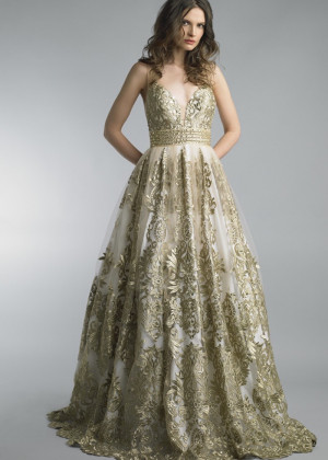 Beaded Gold Lace Tulle V Back Evening Dress
