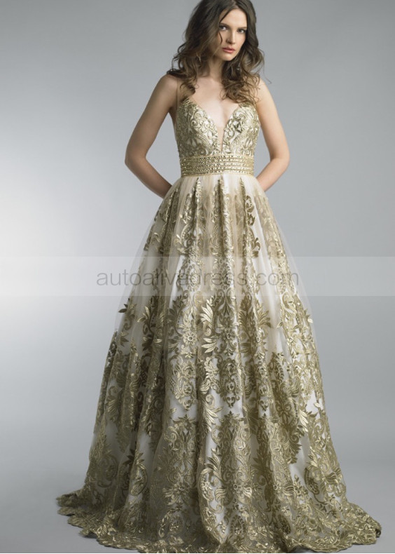Beaded Gold Lace Tulle V Back Evening Dress