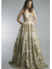 Beaded Gold Lace Tulle V Back Evening Dress