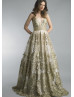 Beaded Gold Lace Tulle V Back Evening Dress Beaded Gold Lace Tulle V Back Evening Dress