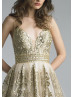 Beaded Gold Lace Tulle V Back Evening Dress
