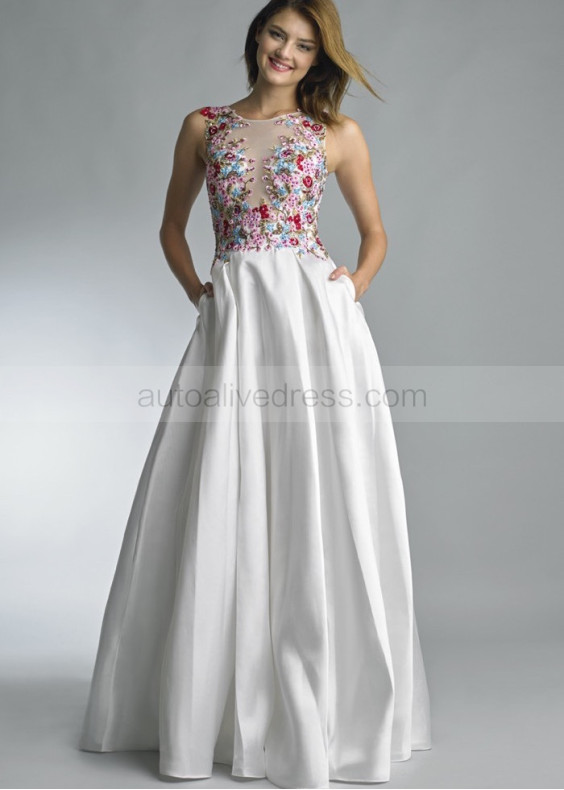 Beaded Multi-colour Flowers Satin Illusion Back Evening Dress Beaded Multi-colour Flowers Satin Illusion Back Evening Dress