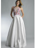 Beaded Multi-colour Flowers Satin Illusion Back Evening Dress