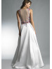 Beaded Multi-colour Flowers Satin Illusion Back Evening Dress