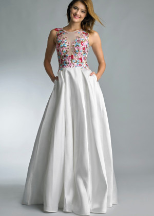 Beaded Multi-colour Flowers Satin Illusion Back Evening Dress