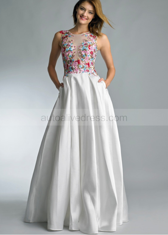 Beaded Multi-colour Flowers Satin Illusion Back Evening Dress Beaded Multi-colour Flowers Satin Illusion Back Evening Dress