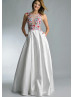 Beaded Multi-colour Flowers Satin Illusion Back Evening Dress