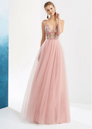 Beaded Multi-colour Flowers Tulle Evening Dress