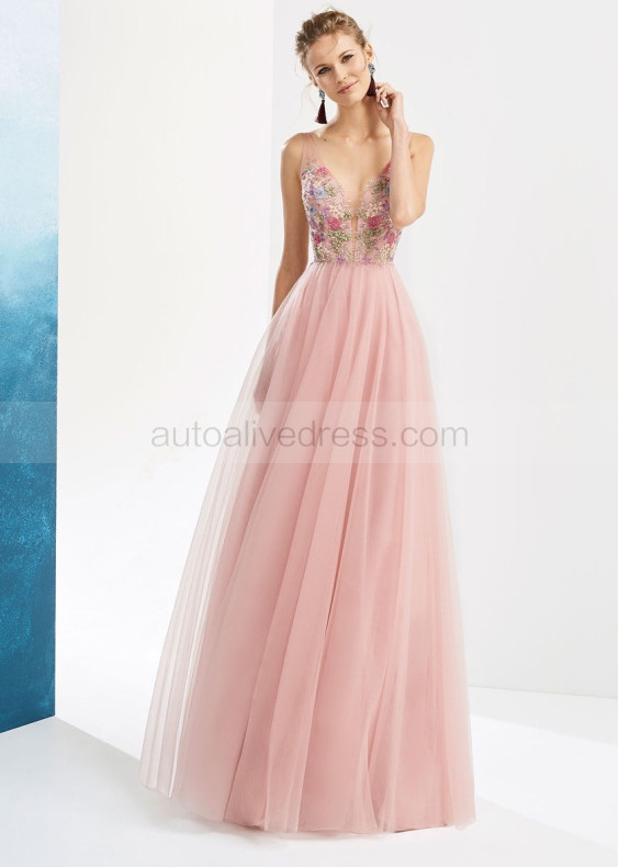 Beaded Multi-colour Flowers Tulle Evening Dress