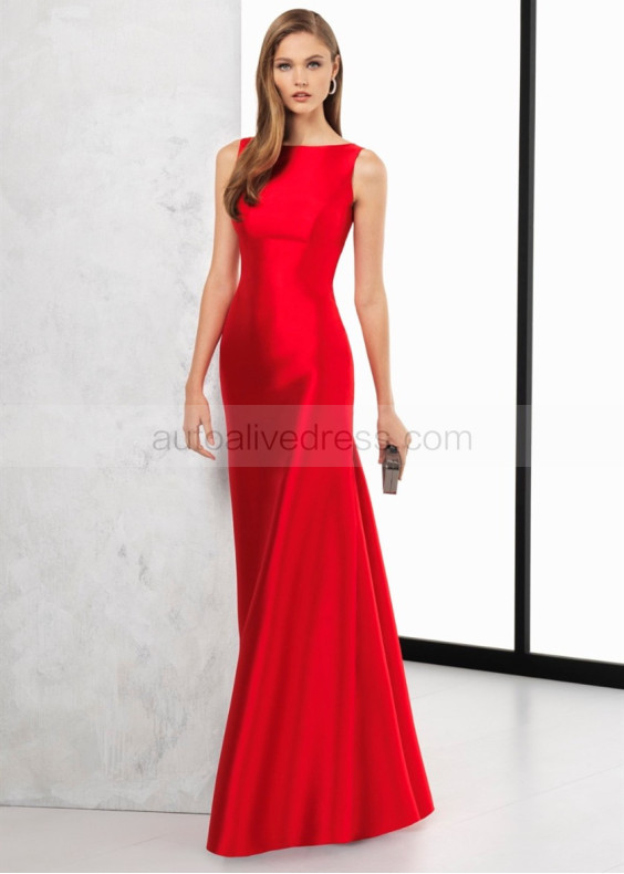 Boat Neck Red Satin Open Back Evening Dress