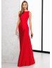 Boat Neck Red Satin Open Back Evening Dress