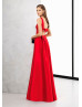 Boat Neck Red Satin Open Back Evening Dress