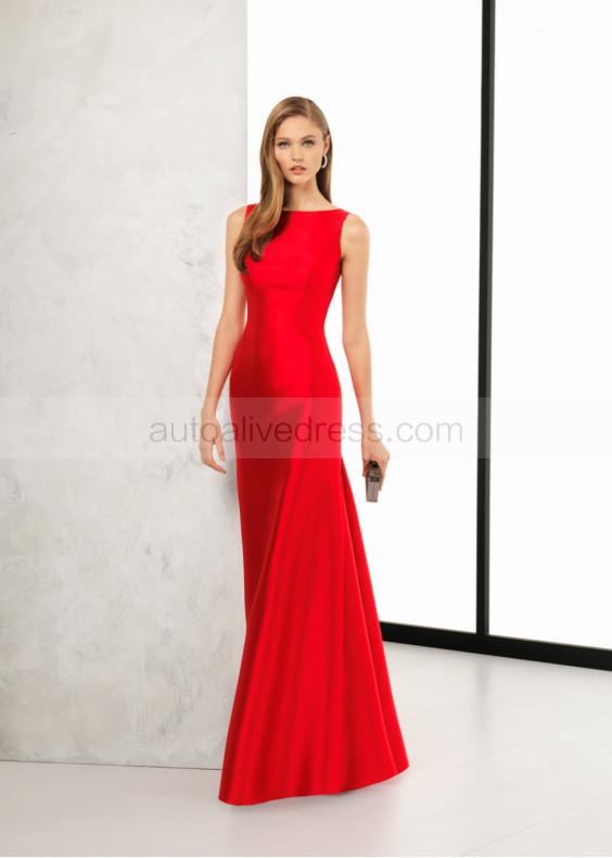 Boat Neck Red Satin Open Back Evening Dress Boat Neck Red Satin Open Back Evening Dress