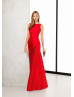 Boat Neck Red Satin Open Back Evening Dress