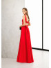 Boat Neck Red Satin Open Back Evening Dress
