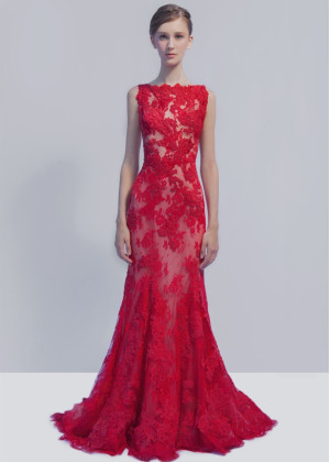 Bateau Neck Red Lace V Back Evening Dress