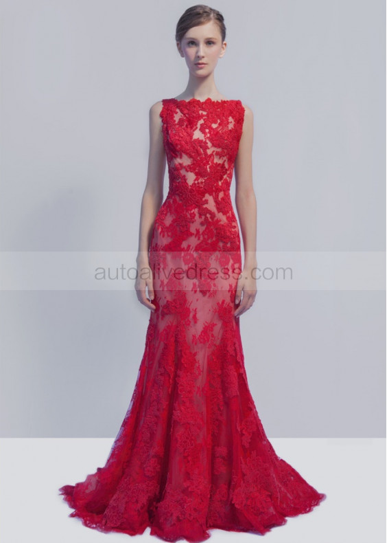 Bateau Neck Red Lace V Back Evening Dress