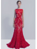 Bateau Neck Red Lace V Back Evening Dress
