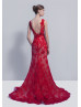 Bateau Neck Red Lace V Back Evening Dress